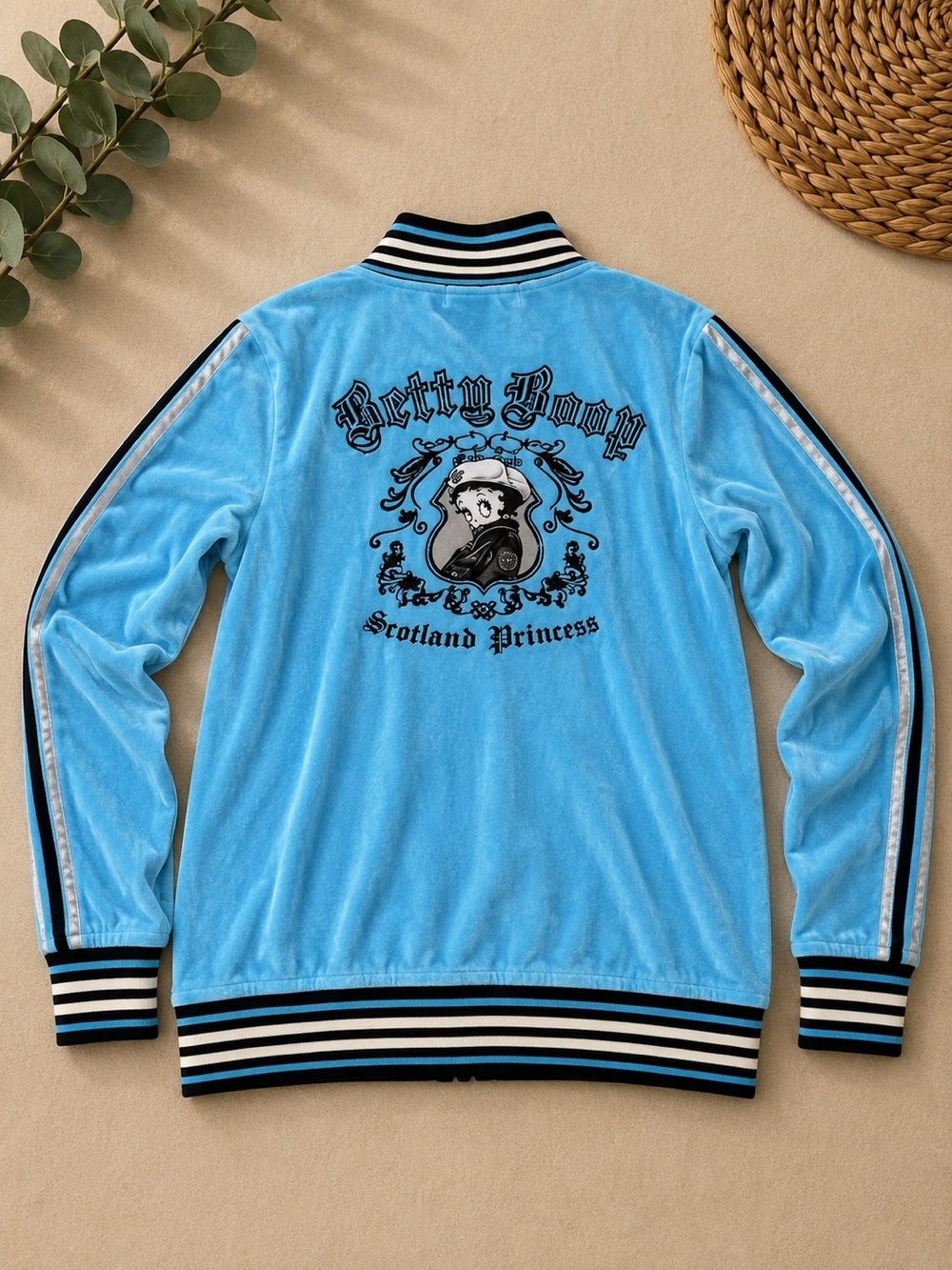 Betty Boop Blue Velour Track Jacket Kids XL Y2K Zip Up Scotland Princess